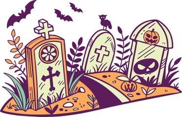 Graveyard Scene with Tombstones Halloween Art. Haunted Cemetery Illustration with Tombstones. Spooky Graveyard Night Scene for Halloween. Tombstone Landscape Illustration for Scary Design