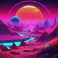 Fotobehang Neon Geometry Landscape on Alien Planet Surface - GIF Art © sun7