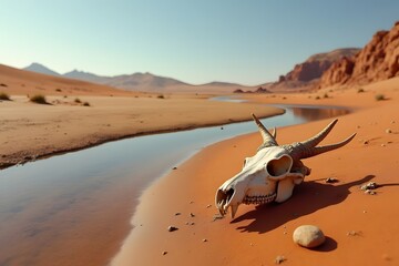 Animal skull beside a dry riverbed in blazing desert.
