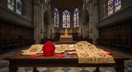 Catholic Vestment on Table in Church Interior