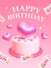 3d happy birthday gift vouchers with birthday cake and coupons flying round, isolated on background. Birthday discount offer banner template in 3d vector. Vector illustration