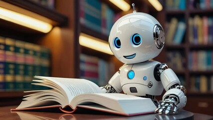 humanoid robot teacher reading book in library. 