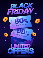3d Black Friday banner with flying coupons and coins from a gift box, isolated on galaxy background. Black Friday limited offer gift voucher banner template in 3d vector. Vector illustration