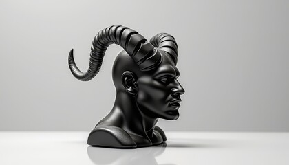 Fototapeta premium Horned god statue in black against a minimalist grey background 