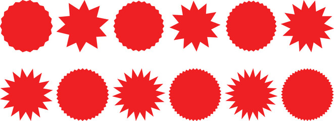 WebStarburst sale price stickers and labels, star and rosette, sunburst, callout and splash, stamp and tag badges. Isolated vector circle and oval red stickers, promo labels and tags with scalloped ed