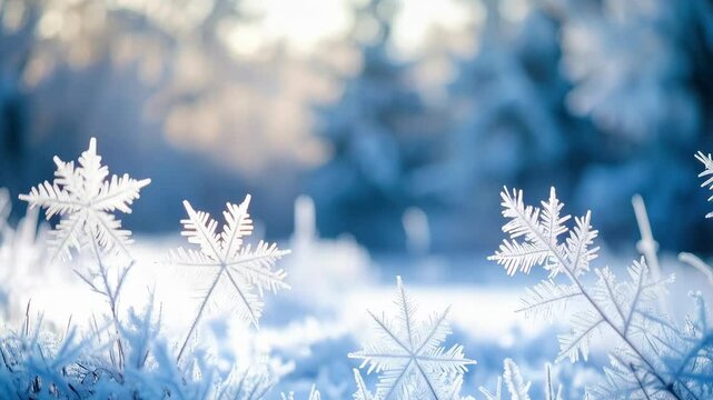 Close-up of frosted grass and delicate snowflakes catching light in a wintery scene with bokeh background, illustrating the beauty of winter