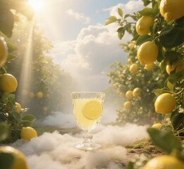 Elegant Glass of Lemon Juice in Dreamy Garden Light with Misty Sunbeams