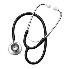 A close-up of a silver stethoscope on a white background.
