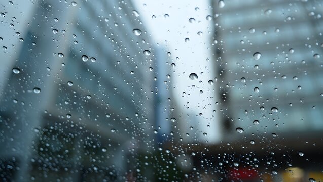 Fototapeta Rainy Cityscape Raindrops on Glass, Blurred City Buildings in the Background