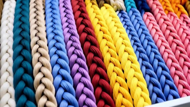 Close-up of diverse braided cotton ropes in vibrant hues. Woven texture creates a colorful abstract pattern with blue, yellow, red, purple and tan threads intertwined.
