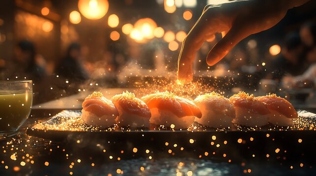 A cinematic anime perspective of a sushi platter being set on the table, glistening fish reflecting warm ambient light, sparkles animating gently above it.
