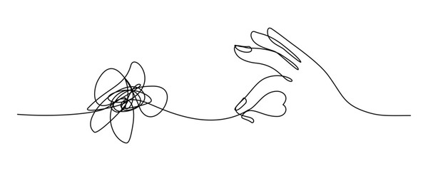 A hand trying to untangle black lines in mental health concept, editable line art.