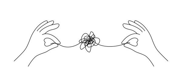 Hands trying to untangle black lines in mental health concept, editable stroke.