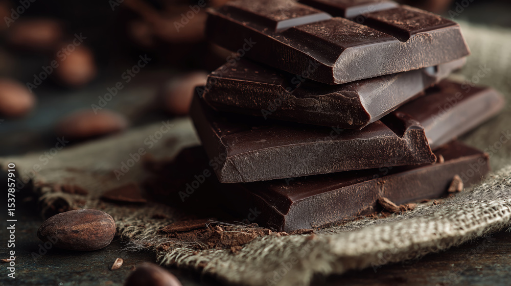 Poster Rich, dark chocolate bars stacked on rustic burlap cloth, surrounded by cocoa beans, create tempting and indulgent scene. texture and deep color evoke sense of luxury and delight