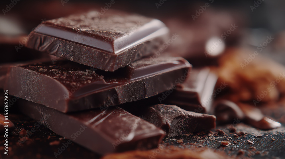 Poster Rich, dark chocolate pieces stacked on rustic surface, surrounded by cocoa powder and cacao nibs, creating tempting and indulgent scene