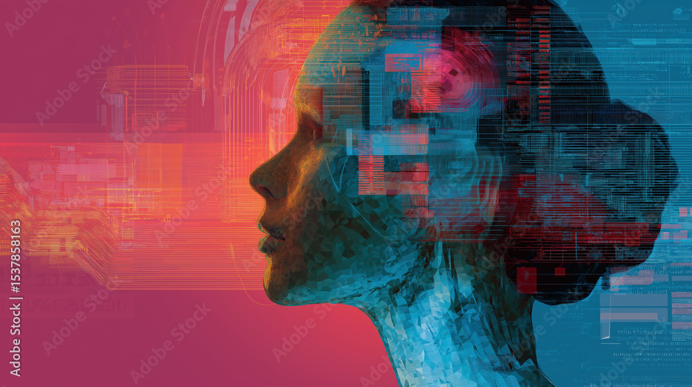 Poster digital artwork of human profile with vibrant colors and abstract patterns, symbolizing integration 