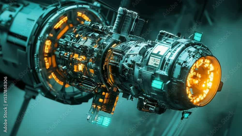 Poster a futuristic, illuminated spaceship or space station with glowing orange and blue lights in a dark e