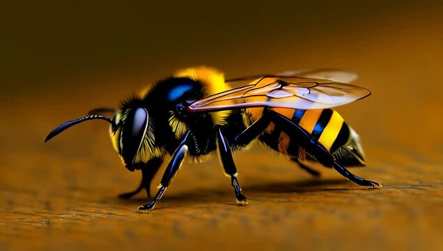 A close-up of a vibrant bee, showcasing its intricate details and striped pattern. The bee's presence brings life, energy and a unique beauty to the viewer