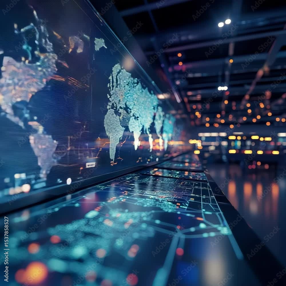 Poster A high-tech control room displays a digital world map with glowing data and futuristic interfaces on large screens.