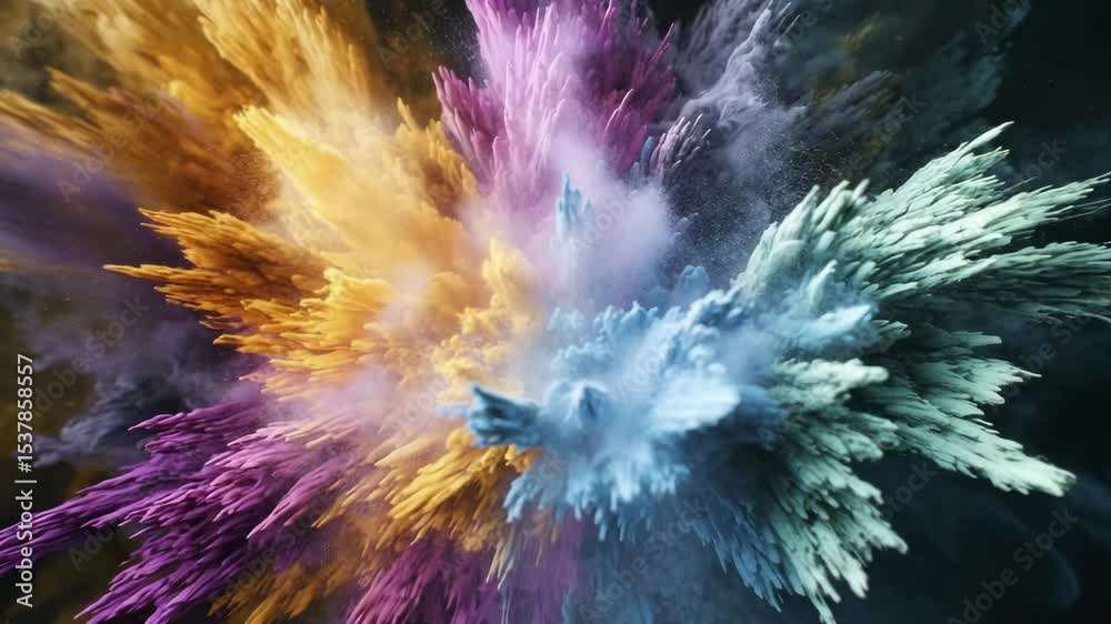 Aufkleber Vivid bursts of colored powder explode outward, creating a dynamic and abstract display against a dark background.