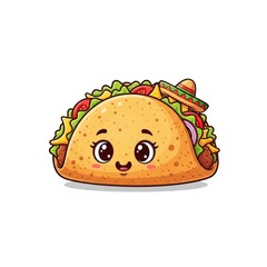 Cute Taco Character with Big Eyes and Sombrero Hat Isolated on White Background