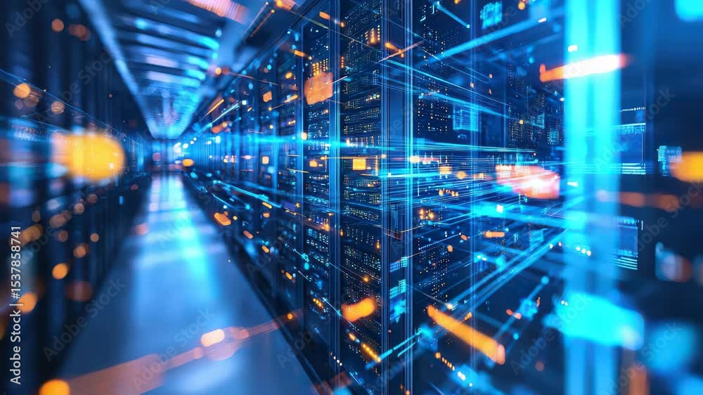 Poster a futuristic data center corridor filled with glowing blue and orange server racks and dynamic light