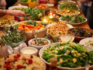 A festive dinner party with vegetarian dishes. featuring a long table filled with various plant-based dishes