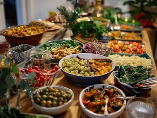 A festive dinner party with vegetarian dishes. featuring a long table filled with various plant-based dishes
