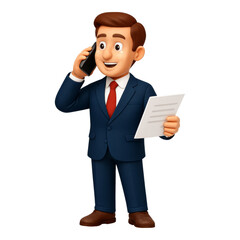 Animated Business Discussion: A stylized illustration of a smiling businessman engaging in a phone conversation while reviewing documents.