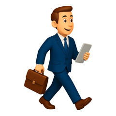 Animated Businessman Striding with Briefcase and Tablet: A charming 3D animated businessman in a sharp suit confidently walks forward, carrying a briefcase and tablet in hand.