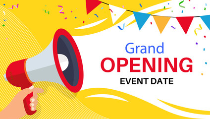 grand opening banner template advertising design social network illustration retail promotion announcement online shopping marketing flyer megaphone in hand clipart