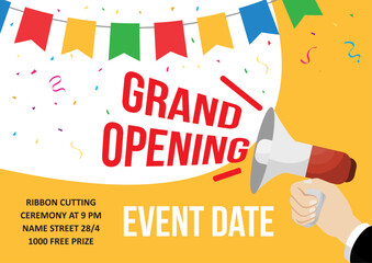 grand opening banner template advertising design social network illustration retail promotion announcement online shopping marketing flyer megaphone in hand clipart