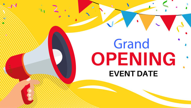 grand opening banner template advertising design social network illustration retail promotion announcement online shopping marketing flyer megaphone in hand clipart