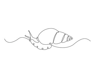 Snail in single outline illustration. Continuous line art drawing of garden snail. Editable stroke.