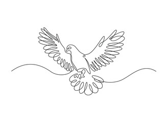 Flying pigeon in single outline illustration. Continuous line art drawing of dove bird. Editable stroke.
