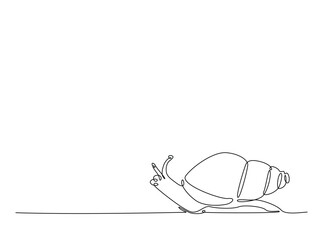 Snail in single outline illustration. Continuous line art drawing of garden snail. Editable stroke.