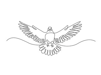 Flying pigeon in single outline illustration. Continuous line art drawing of dove bird. Editable stroke.