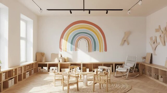pastel colored daycare center interior . empty kindergarten classroom