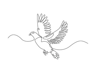 Flying pigeon in single outline illustration. Continuous line art drawing of dove bird. Editable stroke.