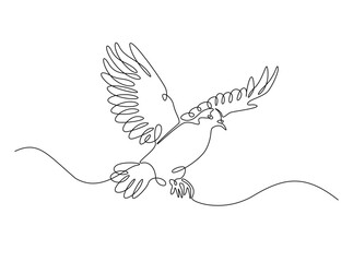 Flying pigeon in single outline illustration. Continuous line art drawing of dove bird. Editable stroke.