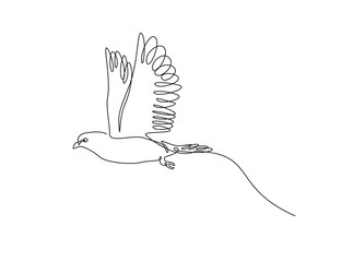 Flying pigeon in single outline illustration. Continuous line art drawing of dove bird. Editable stroke.