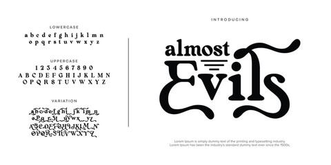 Almost EVILS Abstract Fashion font alphabet. Minimal modern urban fonts for logo, brand etc. Typography typeface uppercase lowercase and number. vector illustration