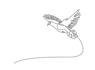 Flying pigeon in single outline illustration. Continuous line art drawing of dove bird. Editable stroke.