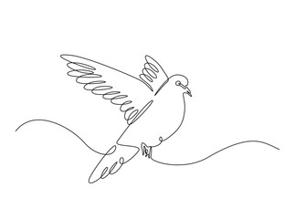 Flying pigeon in single outline illustration. Continuous line art drawing of dove bird. Editable stroke.