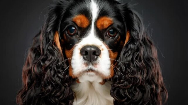 Close-up studio portrait of a tricolor Cavalier King Charles Spaniel with curly fur, capturing the detailed expression and soulful brown eyes.
