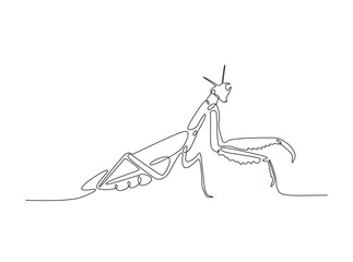 Praying mantis in single outline illustration. Continuous line art drawing of mantis. Editable stroke.