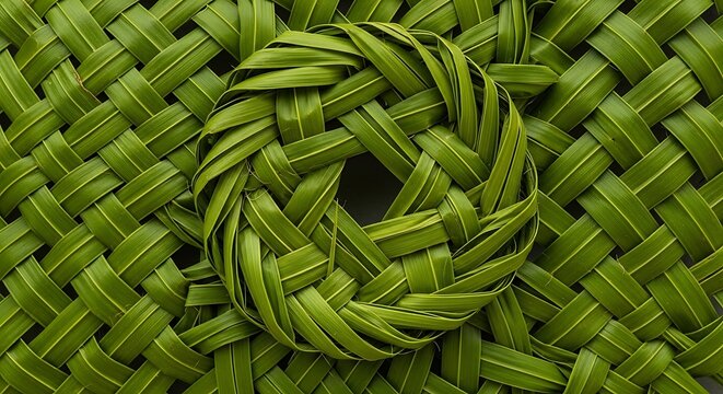 Weaved Green Coconut Palm Leaves Forming a Circular Pattern Background