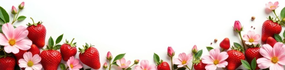 Fototapeta premium Summer strawberry border White background, floral accents , layout, decor