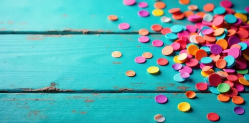 Obraz premium Vibrant confetti burst on turquoise wood; ample copy space , card, festival, design