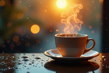 Warm beverage, droplets on pane, blurred rain, photo, natural light